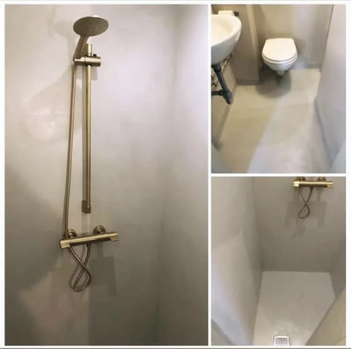 Microcement bathroom in Marbella — continuous floor, walls and shower tray